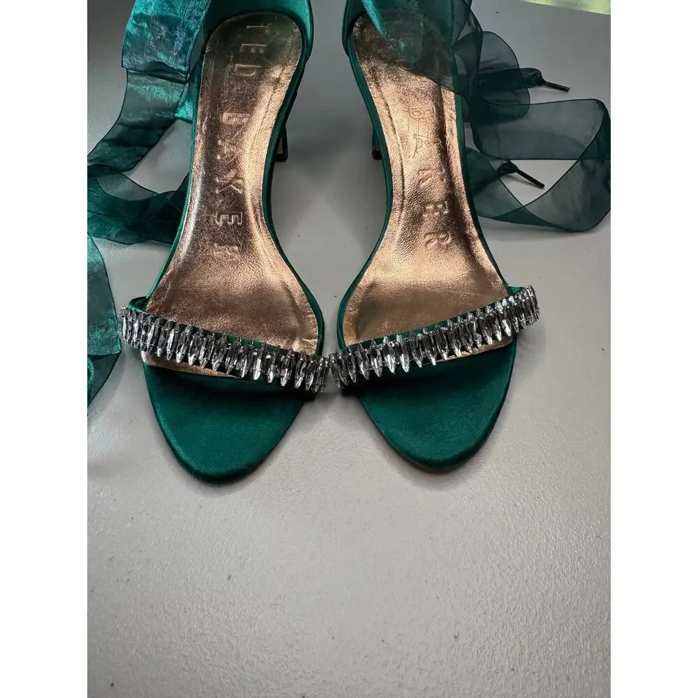 Ted Baker London Green Satin Rhinestone Ankle Tie Heels US 9 EU 39.5